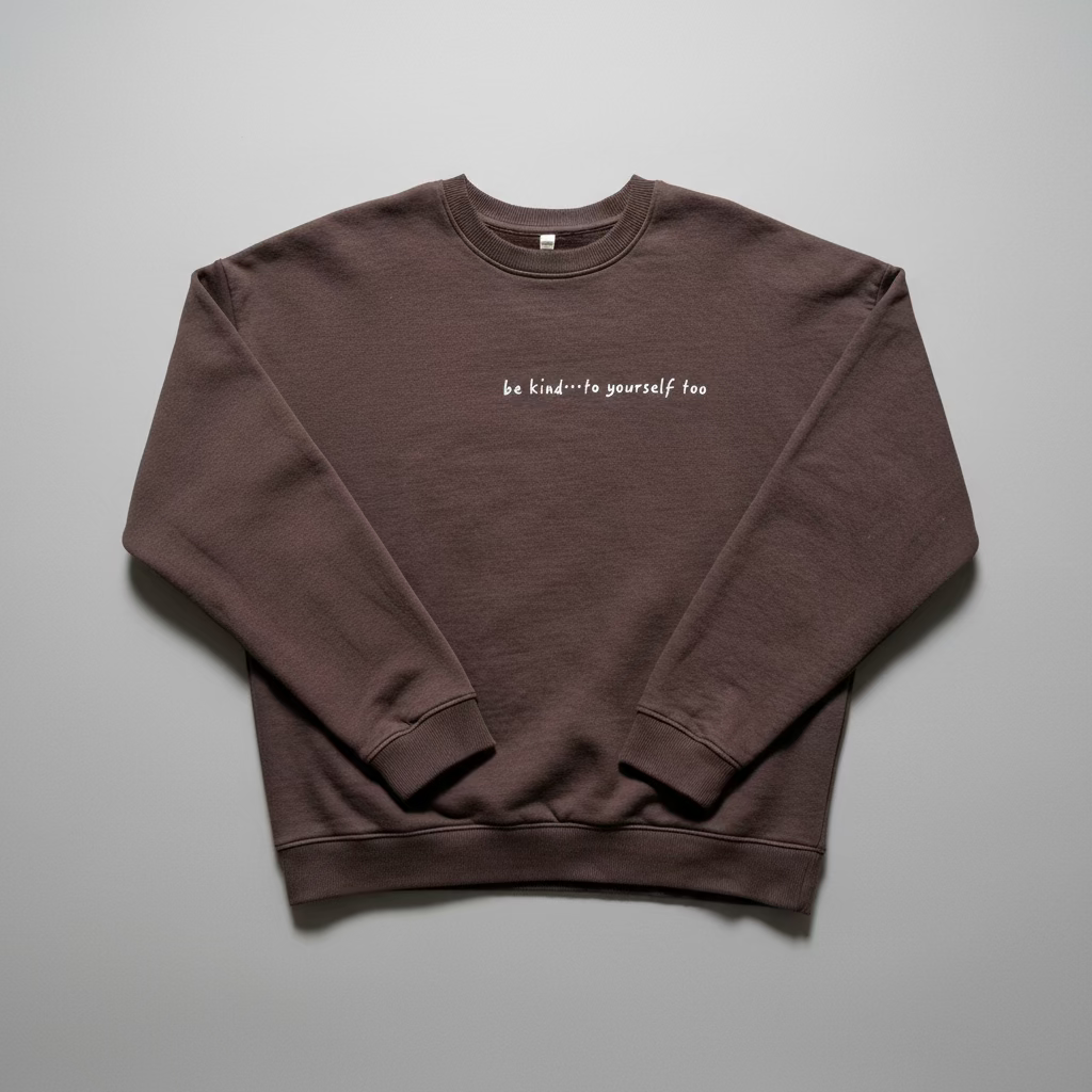 Chocolate brown sweatshirt with 'be kind... to yourself too' text on front chest