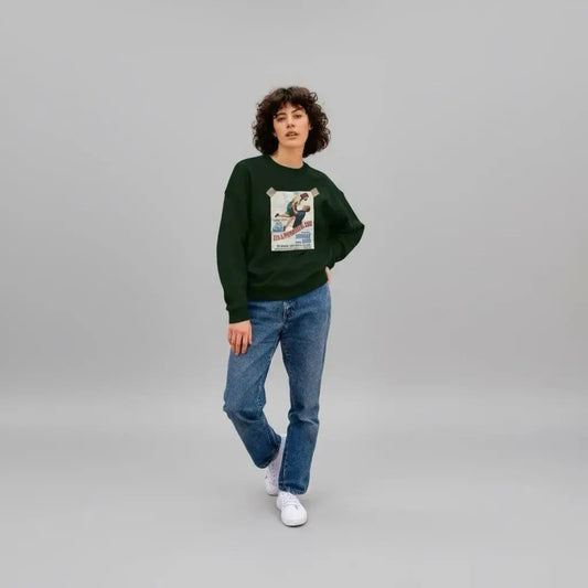 Person wearing a green sweatshirt with a graphic design