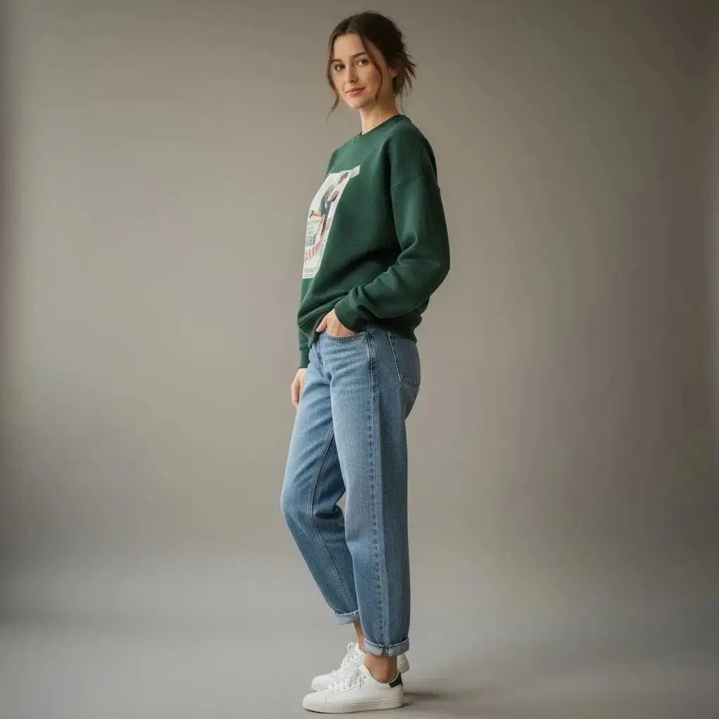 Woman wearing a green sweatshirt and blue jeans standing against a plain background