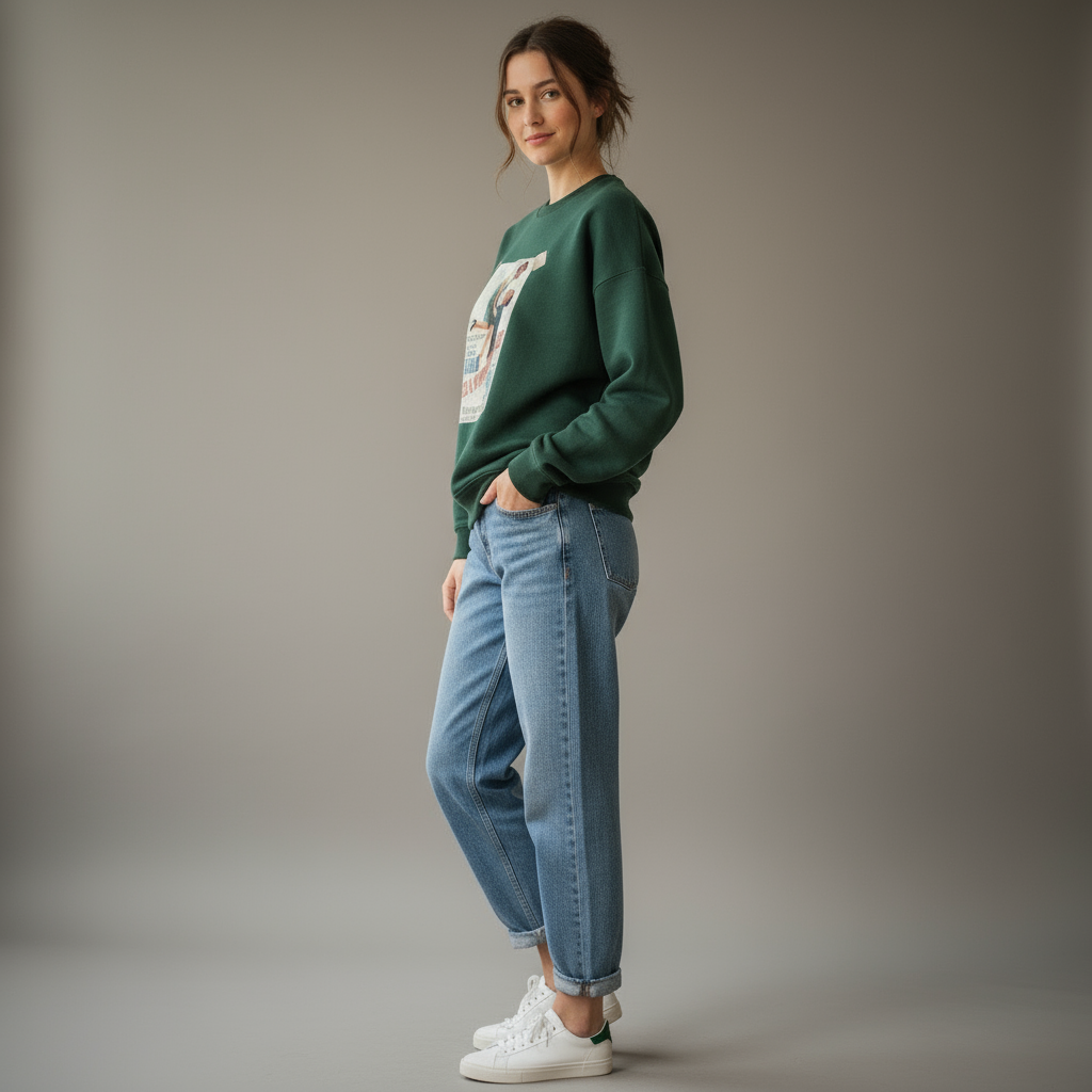 Woman wearing a green sweatshirt and blue jeans standing sideways against a plain background
