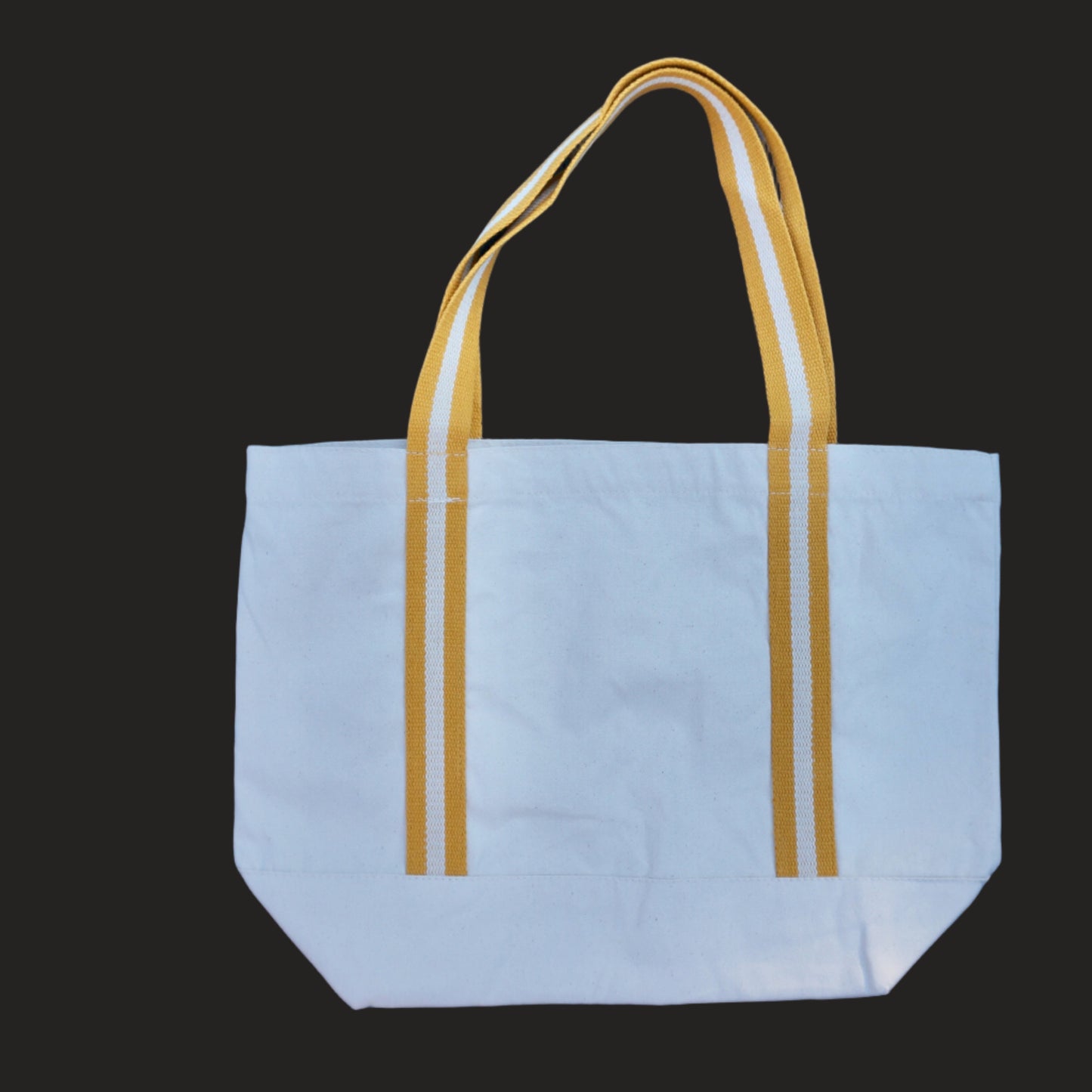Light blue tote bag with brown handles on a black background