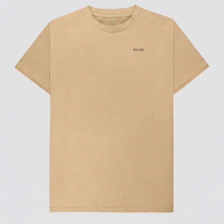 tan minimalist t-shirt with a simple logo on the chest