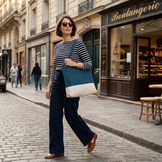 Woman walking on a street with a blue and white tote bag