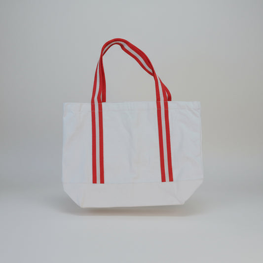 White tote bag with red handles