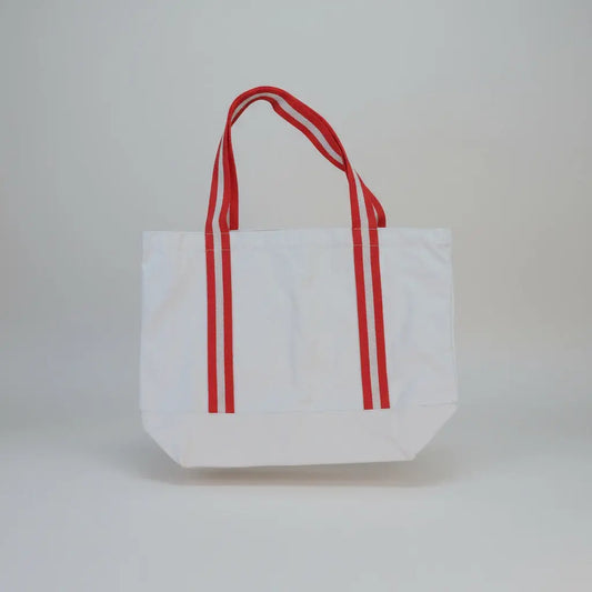White tote bag with red stripes on a light gray background