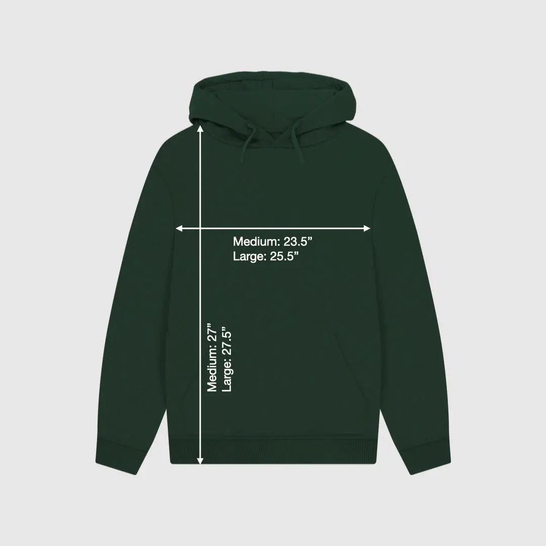 Evergreen hoodie with size measurements on a light gray background