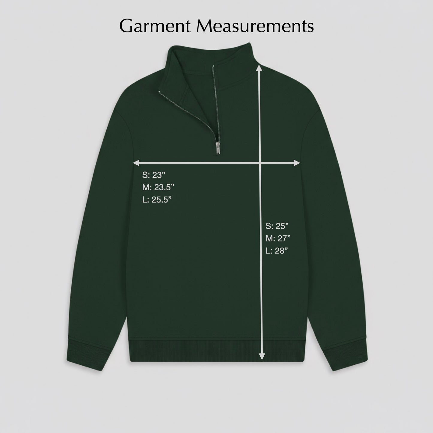 Green sweatshirt with measurement markings on a gray background