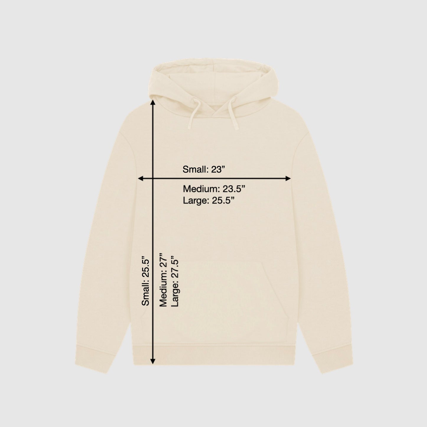 Beige hoodie with size measurement marks