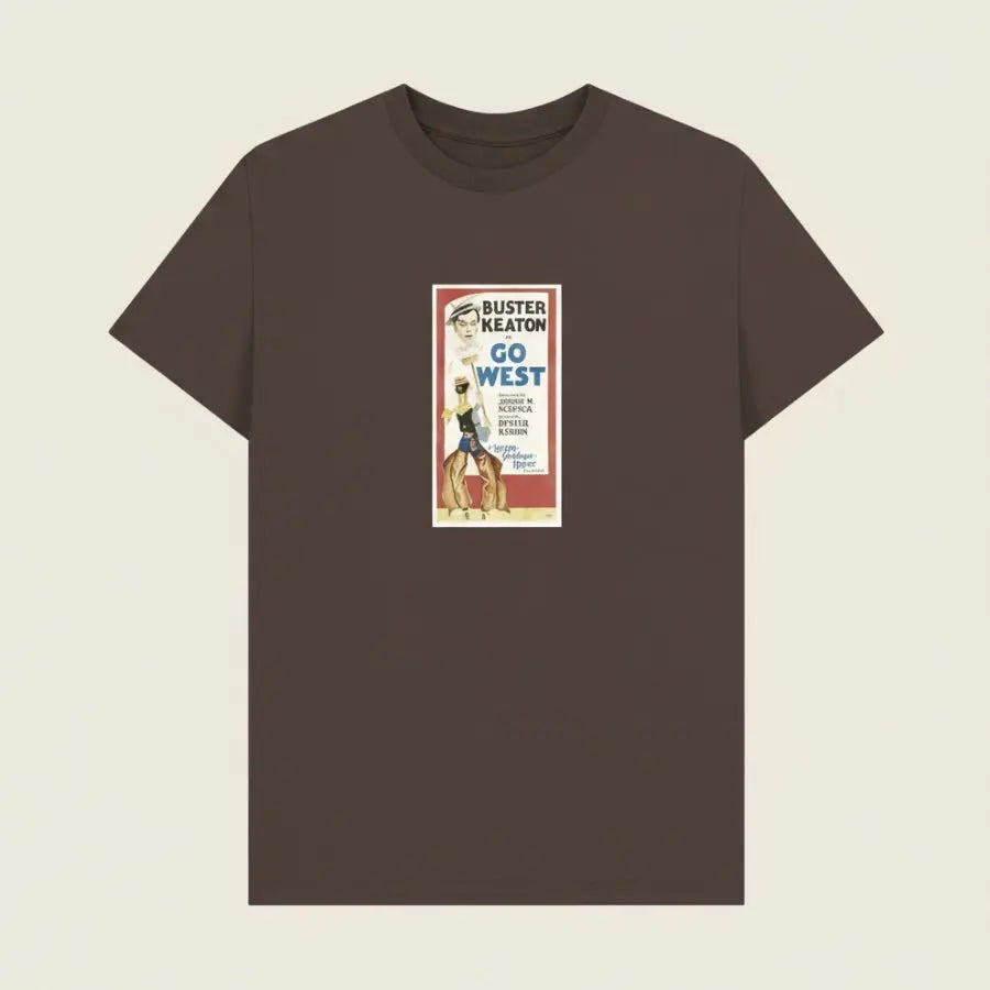 Brown t-shirt with a Buster Keaton movie post on a beige background
