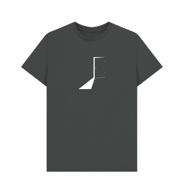 Dark gray t-shirt with a white geometric design on a white background