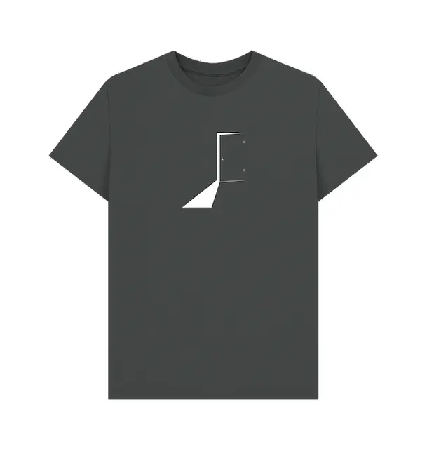 Dark gray t-shirt with a white geometric design on a white background