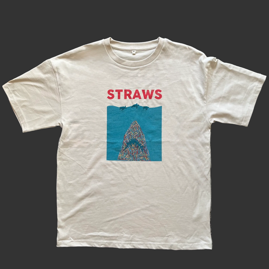 oat cream t-shirt with 'STRAWS' graphic design on the chest