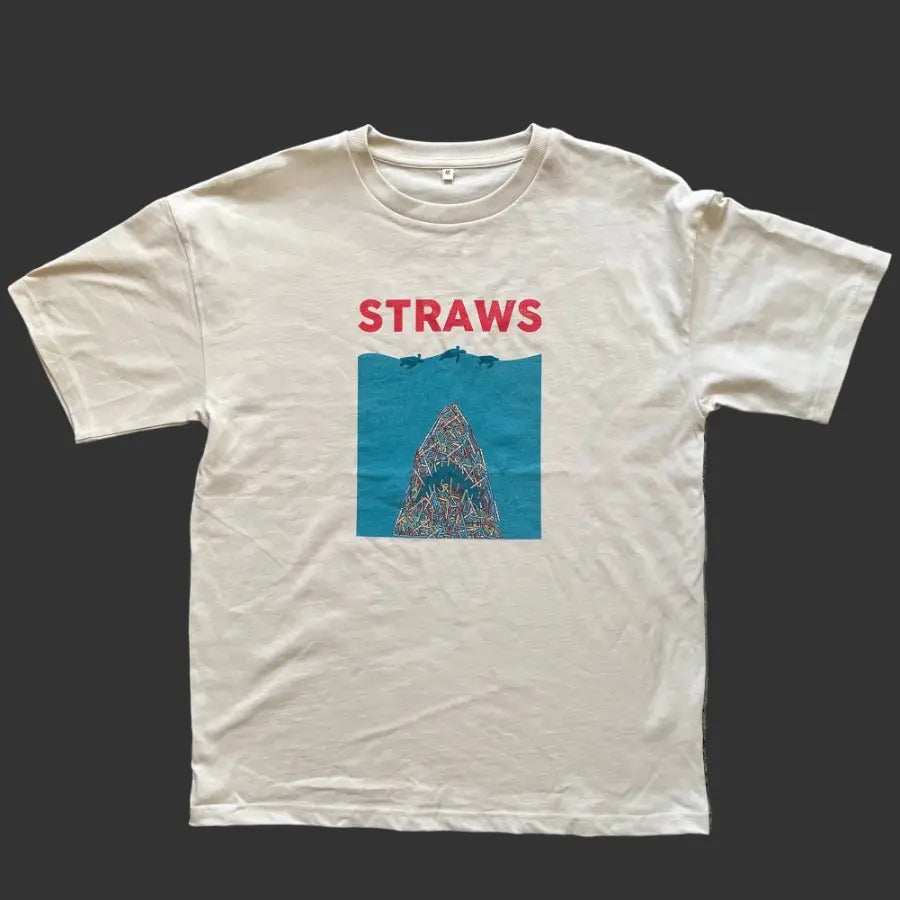White t-shirt with a graphic design and 'STRAWS' text on a black background
