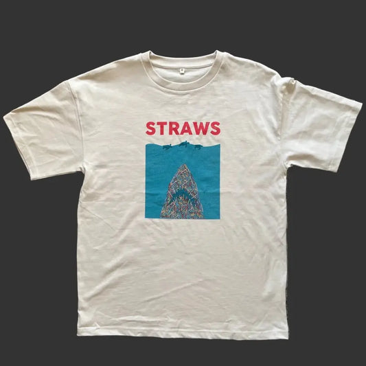 White t-shirt with a graphic design and 'STRAWS' text on a black background