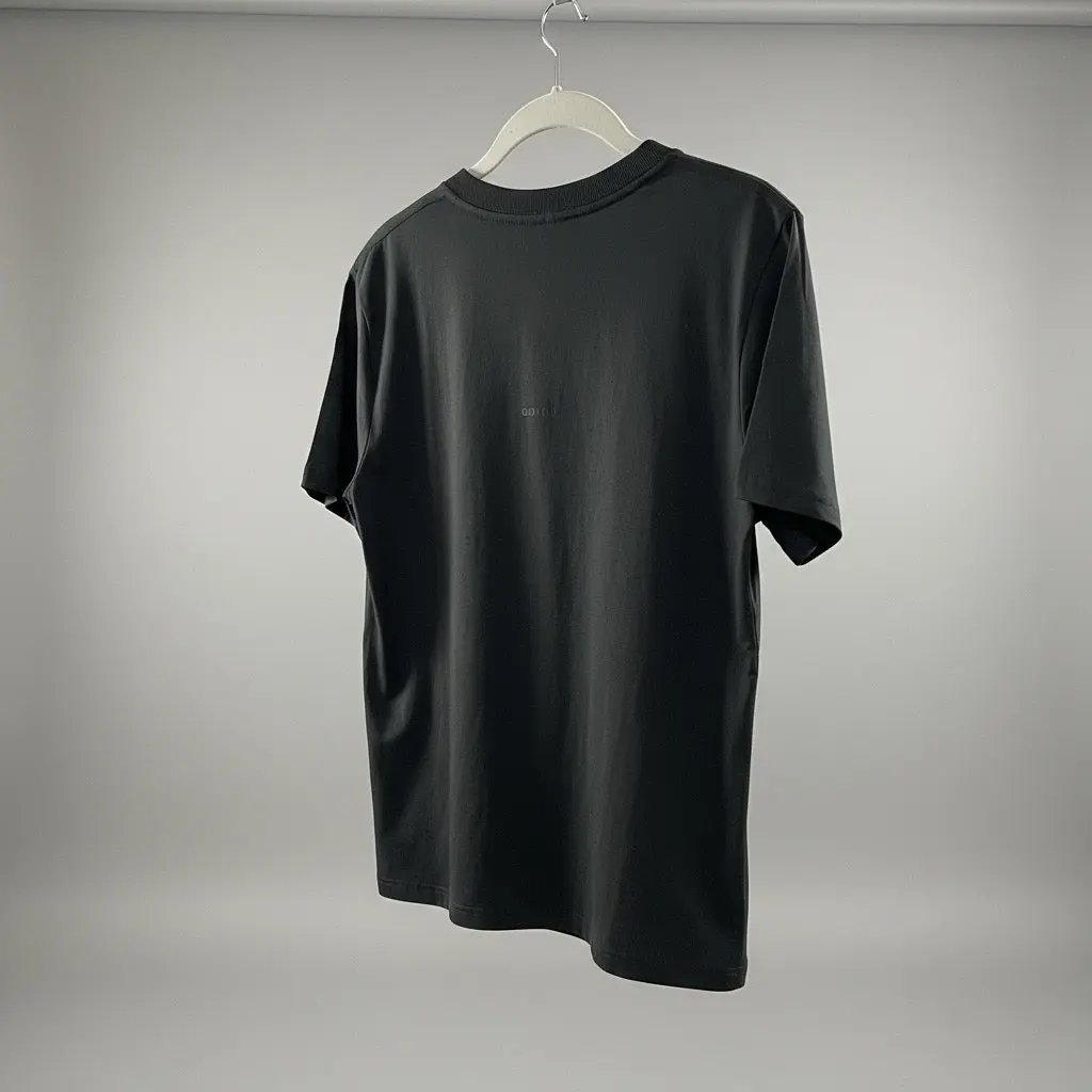 Black t-shirt on a hanger against a gray background