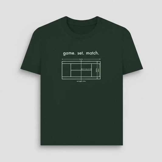 Dark green t-shirt with tennis court design and 'game. set. match.' text on a light gray background