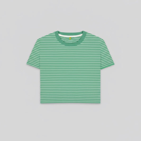 Green striped t-shirt on a light gray background