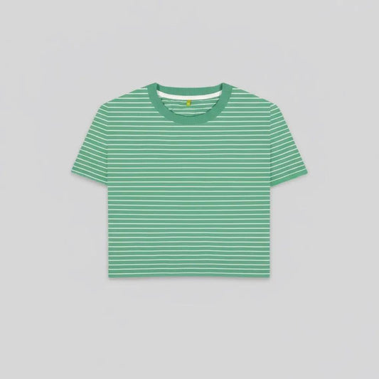 Green striped t-shirt on a light gray background