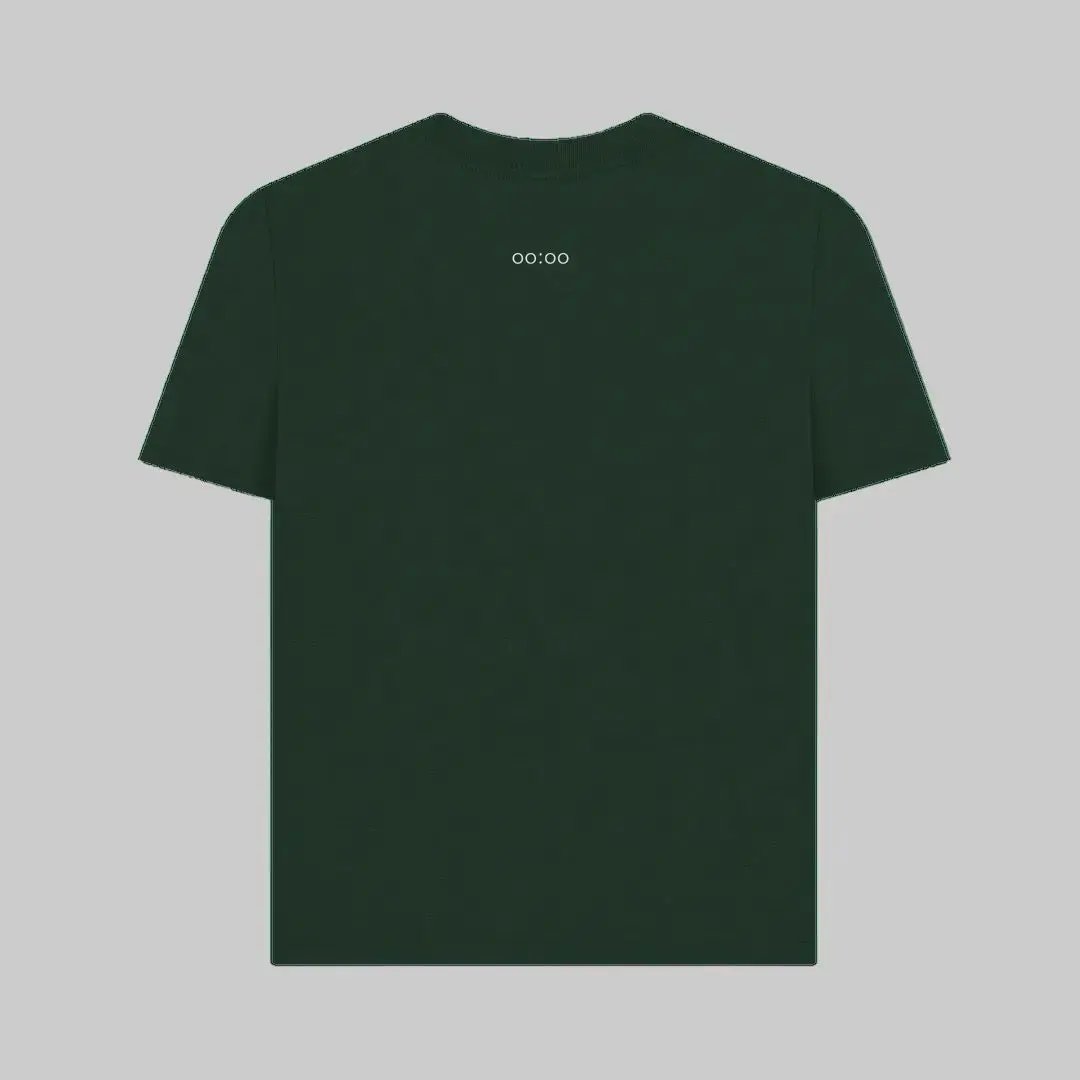 Dark green t-shirt with a small white logo on the back against a light gray background