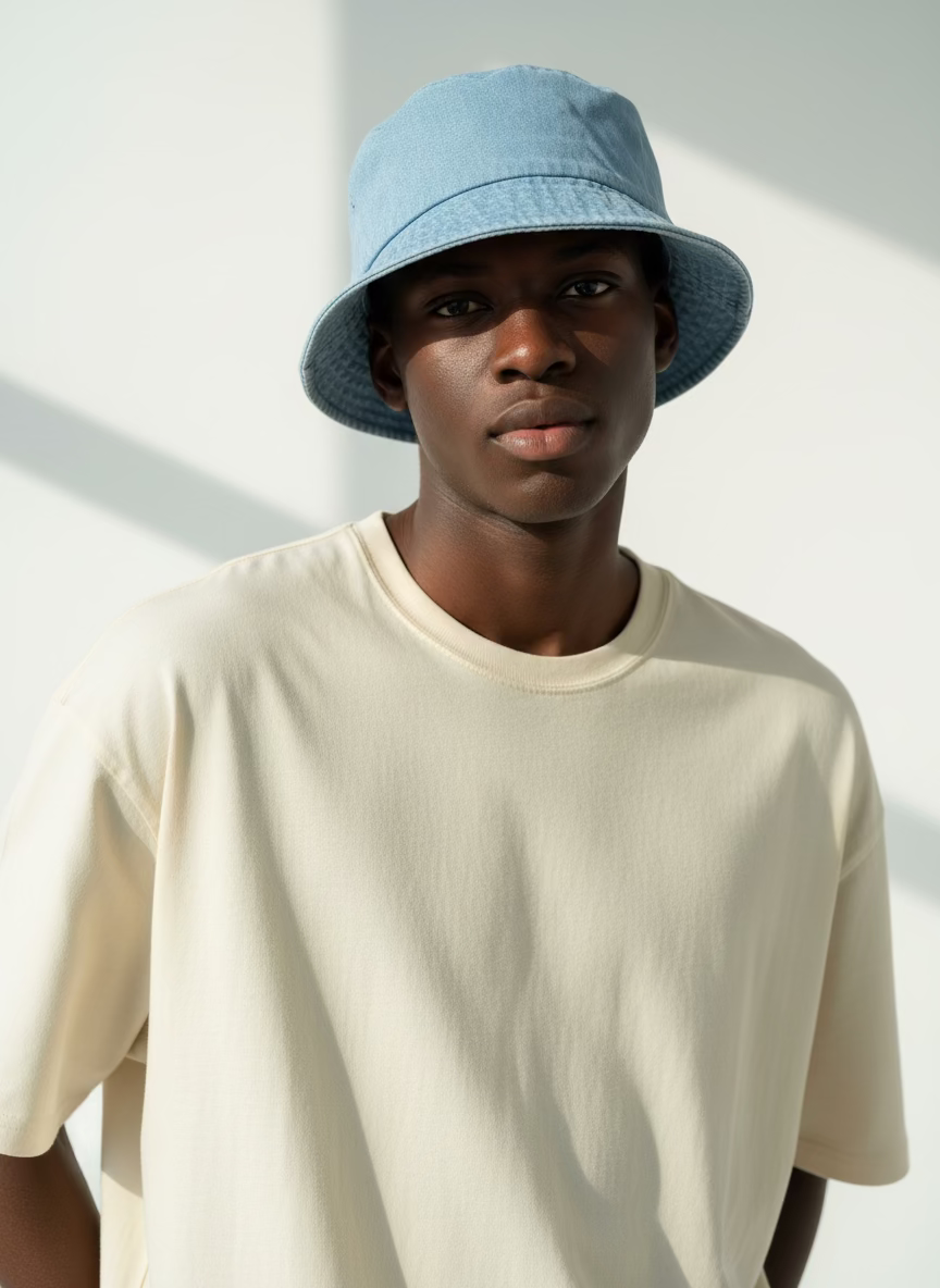 Male model wearing a light blue bucket hat and beige t-shirt against a white background