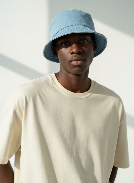 Male model wearing a light blue bucket hat and beige t-shirt against a white background