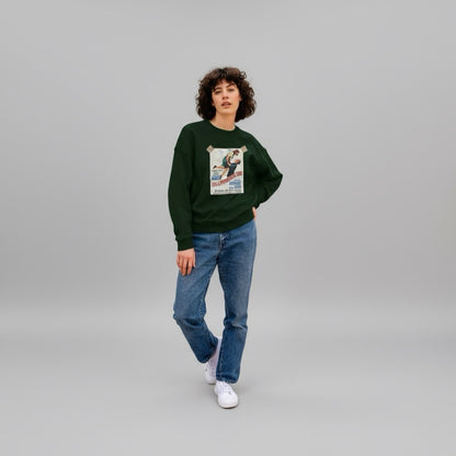 Person wearing a green sweatshirt with a graphic design