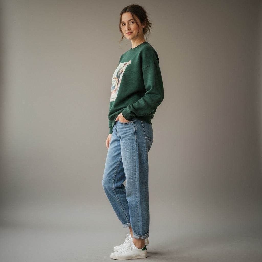 Woman wearing a green sweatshirt and blue jeans standing against a plain background