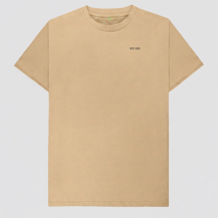 tan minimalist t-shirt with a simple logo on the chest