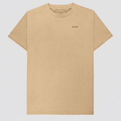tan minimalist t-shirt with a simple logo on the chest