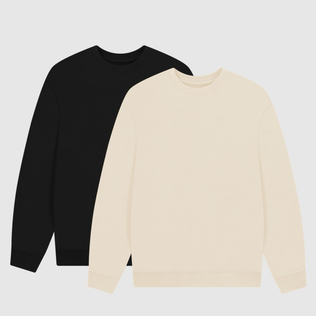 Black and beige sweatshirts on a light gray background