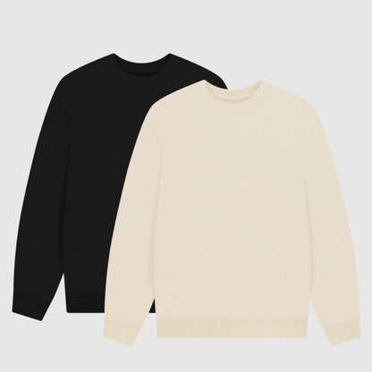 Black and beige sweatshirts on a light gray background