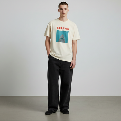 Oat cream t-shirt with 'STRAWS' text and graphic design on the chest