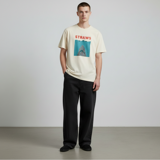 Oat cream t-shirt with 'STRAWS' text and graphic design on the chest