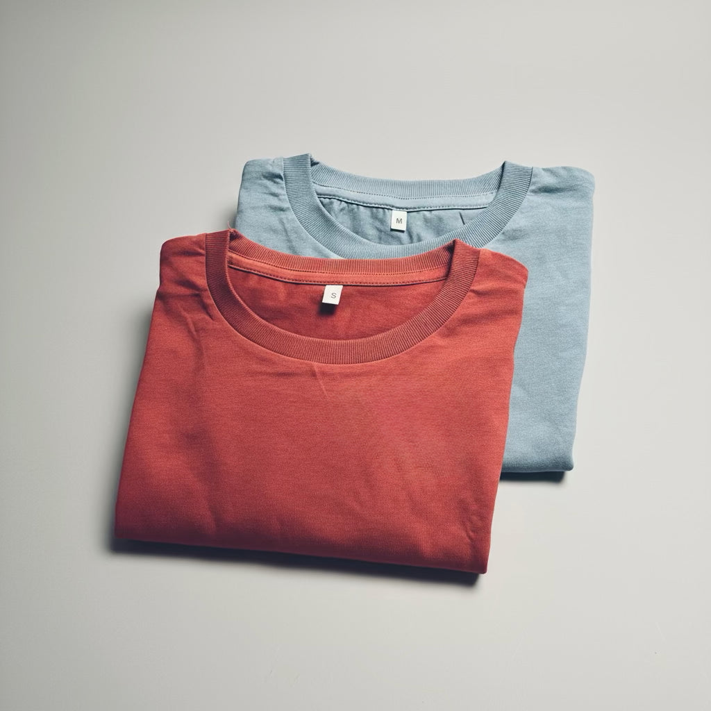 Two folded t-shirts, one red and one blue, on a gray background