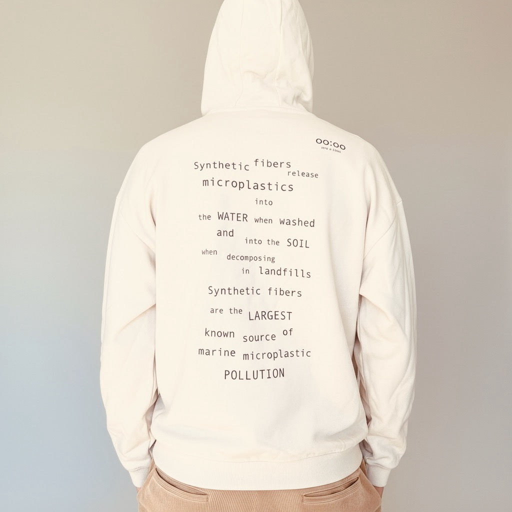 Person wearing a hoodie with environmental message text on a plain background