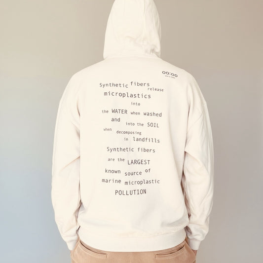 Person wearing a hoodie with environmental message text on a plain background