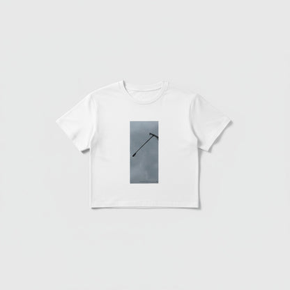 White t-shirt with a small graphic on a white background