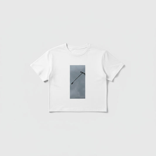 White t-shirt with a small graphic on a white background