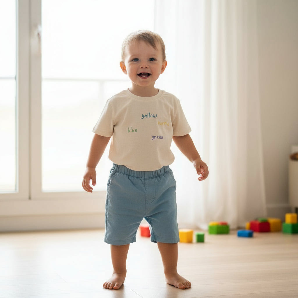 Toddler wearing an oat cream t-shirt with text and light blue shorts standing in a room with colorful blocks on the floor