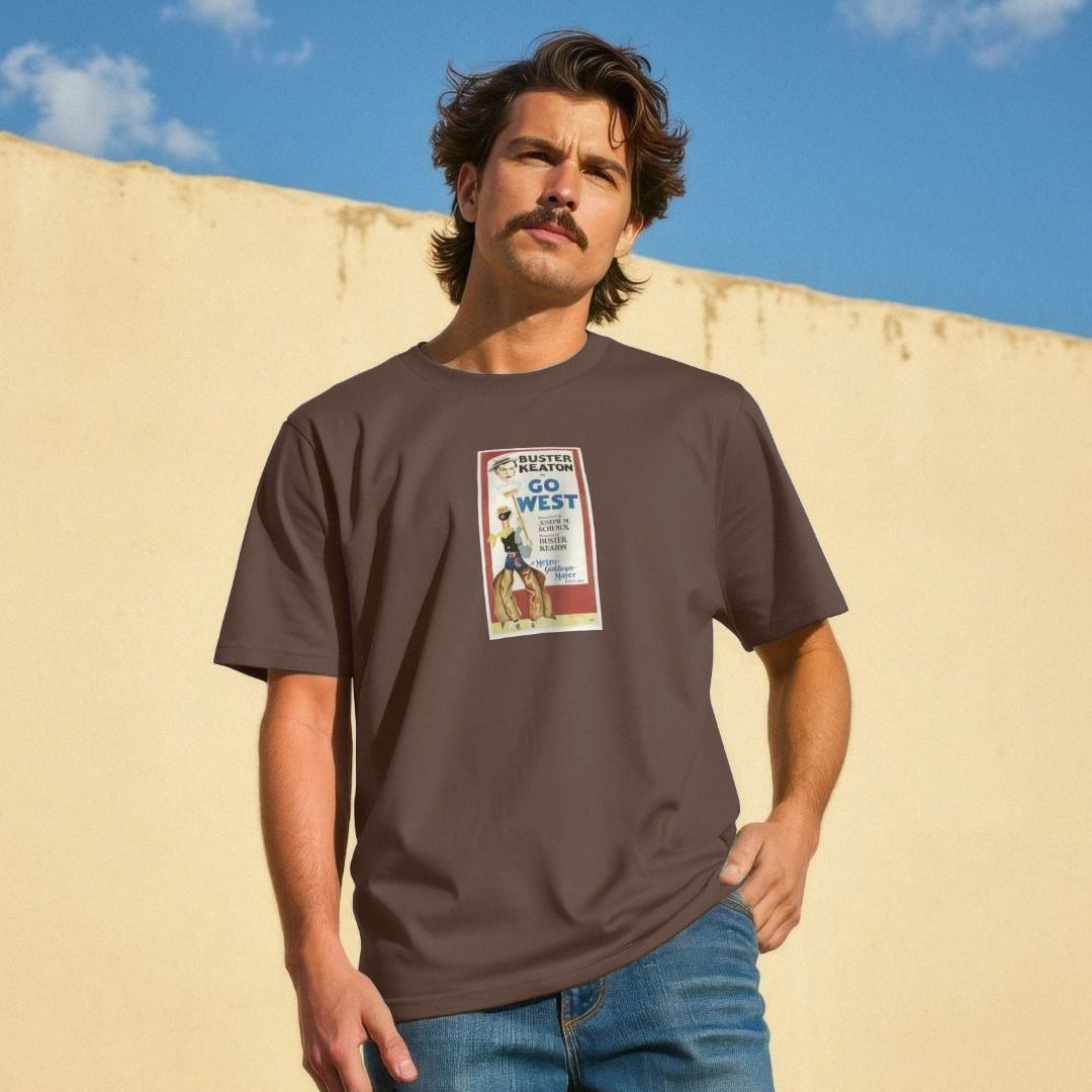 Man wearing a espresso brown t-shirt with an old movie poster print on the chest