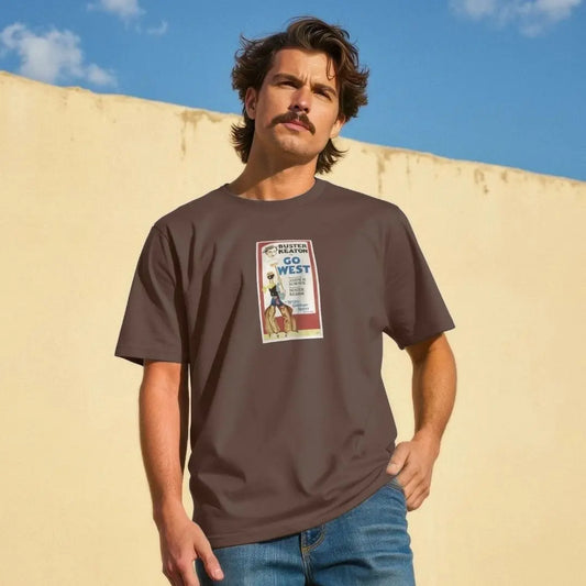 Man wearing a brown t-shirt with a movie poster print