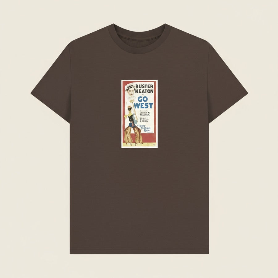 Brown t-shirt with a Buster Keaton movie post on a beige background
