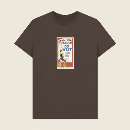 Brown t-shirt with a Buster Keaton movie post on a beige background