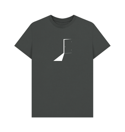 Dark gray t-shirt with a white geometric design on a white background
