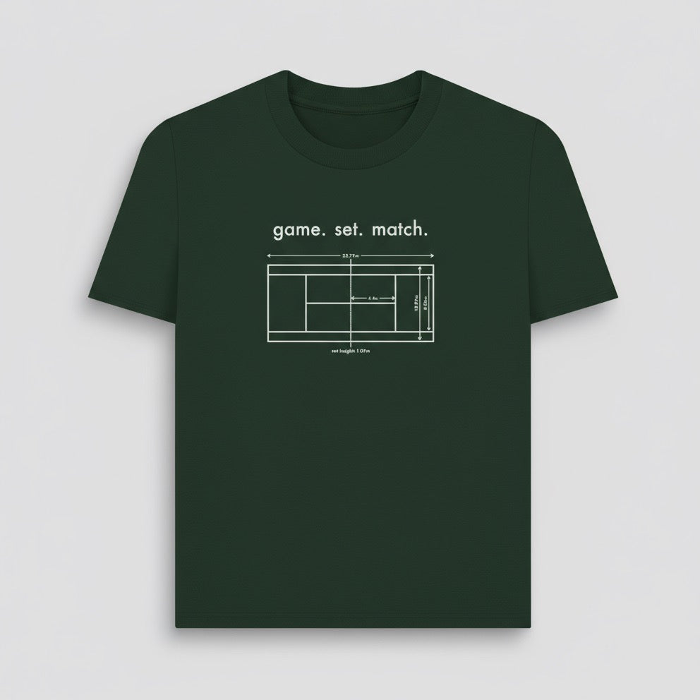 Dark green t-shirt with tennis court design and 'game. set. match.' text on a light gray background