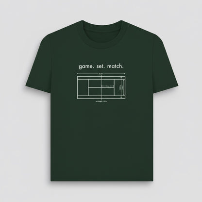 Dark green t-shirt with tennis court design and 'game. set. match.' text on a light gray background