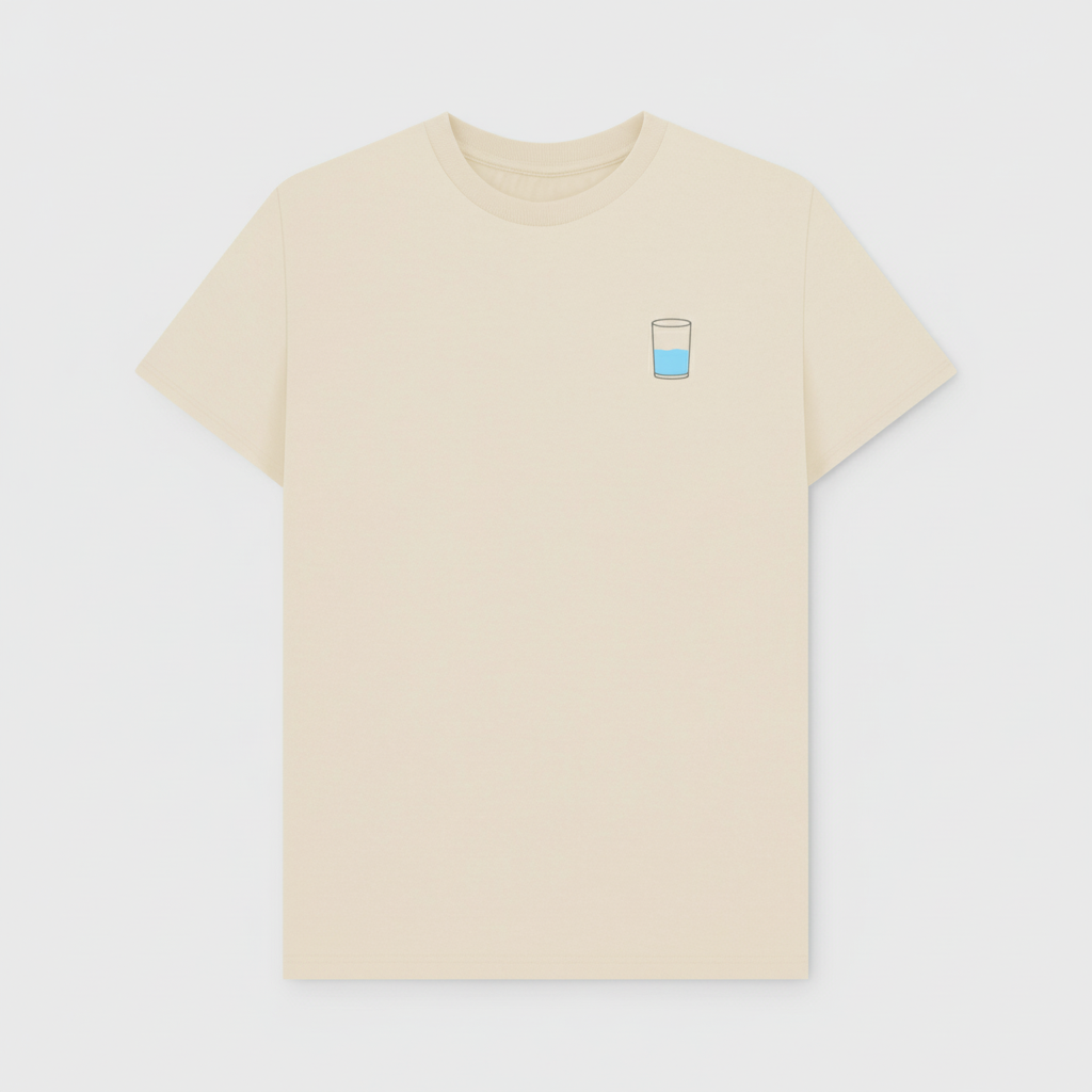 Beige t-shirt with a small half full water glass graphic