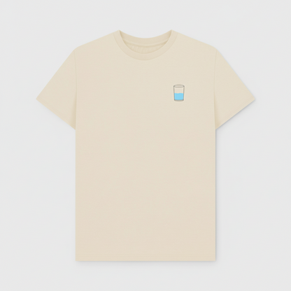 Beige t-shirt with a small half full water glass graphic