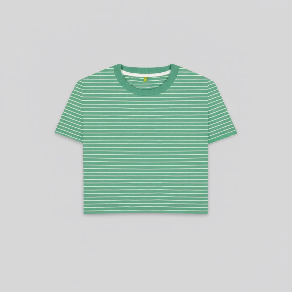 Green striped t-shirt on a light gray background