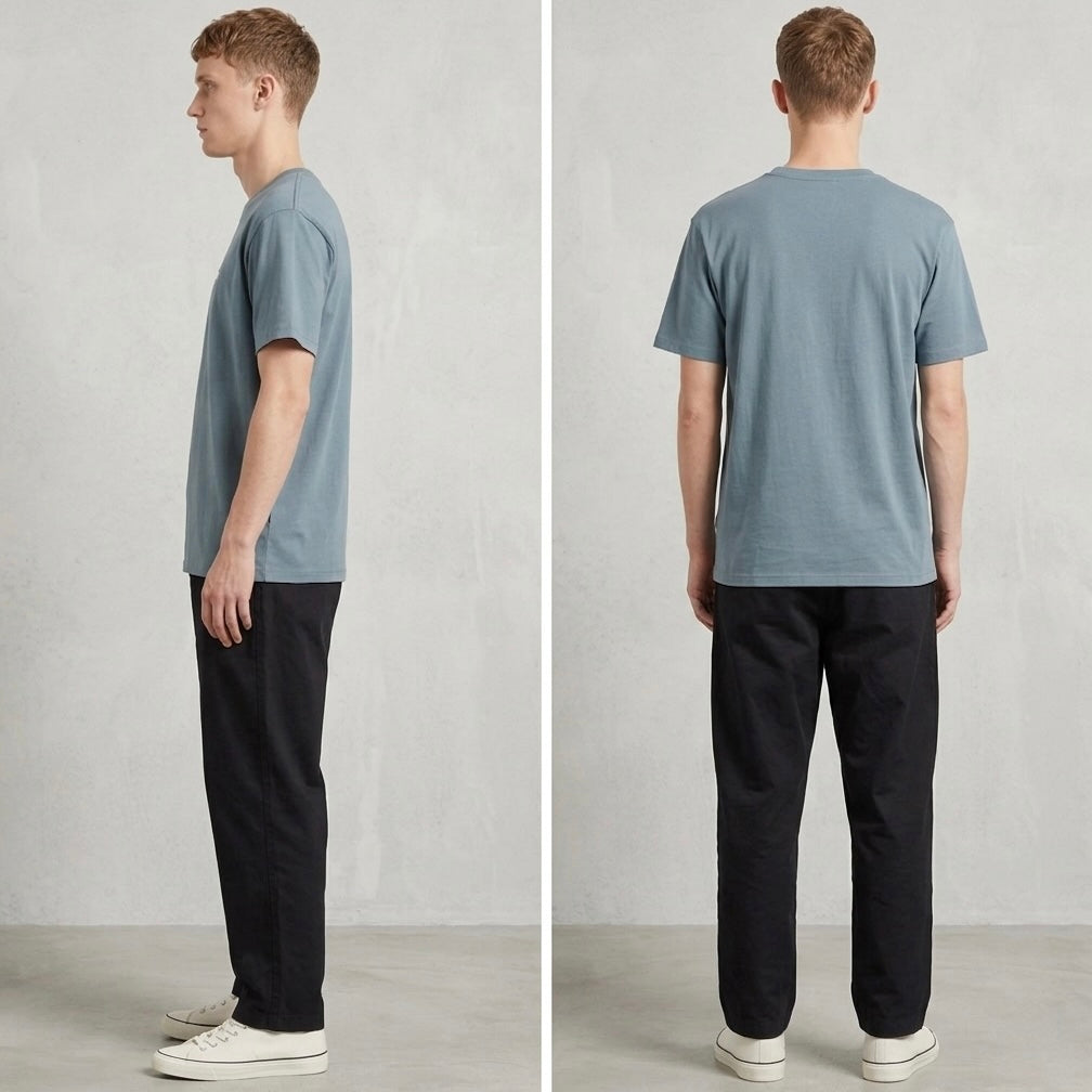 Person wearing a blue t-shirt and black pants, shown from front and back on a plain background.